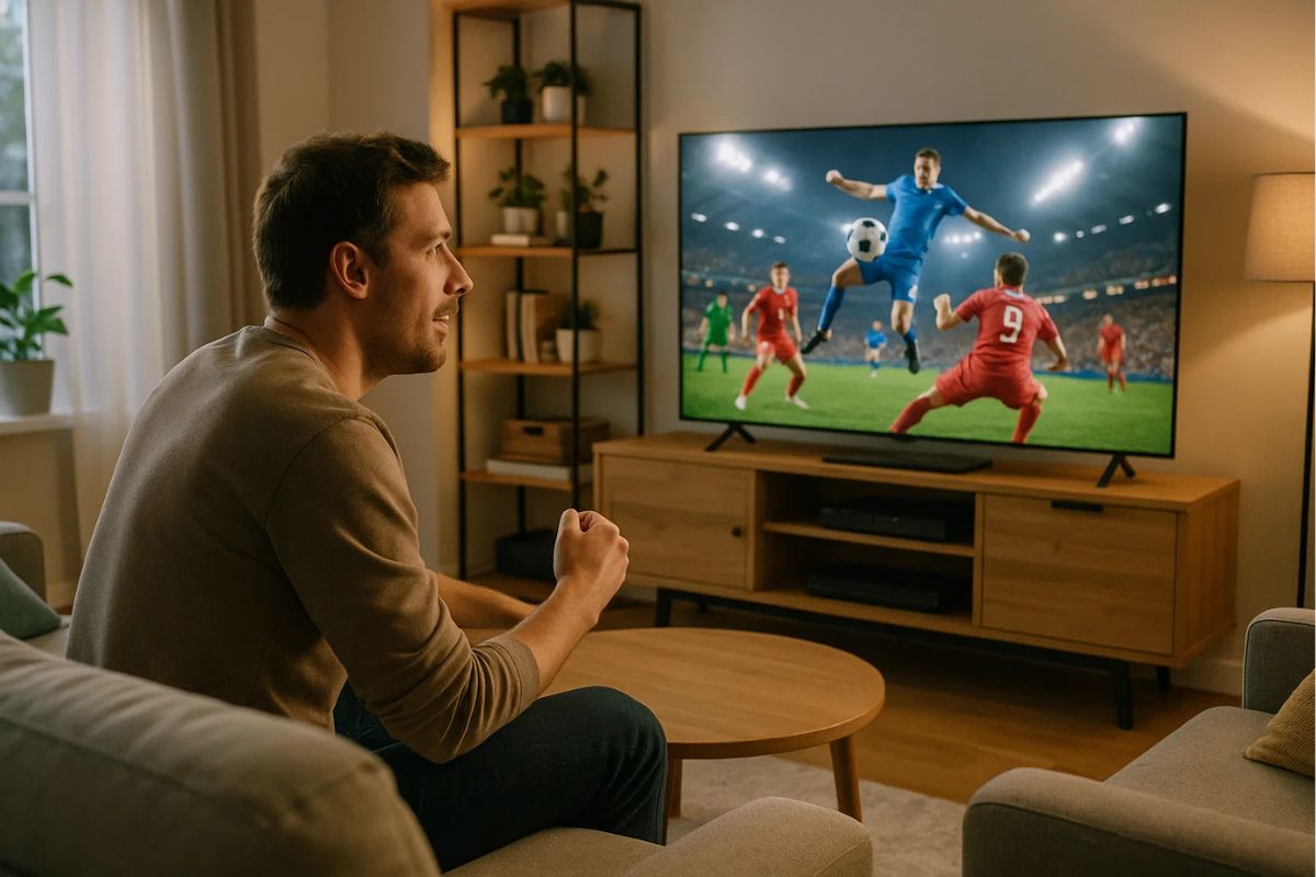 Um rapaz vendo um jogo da Liga dos Campeões na sala de casa