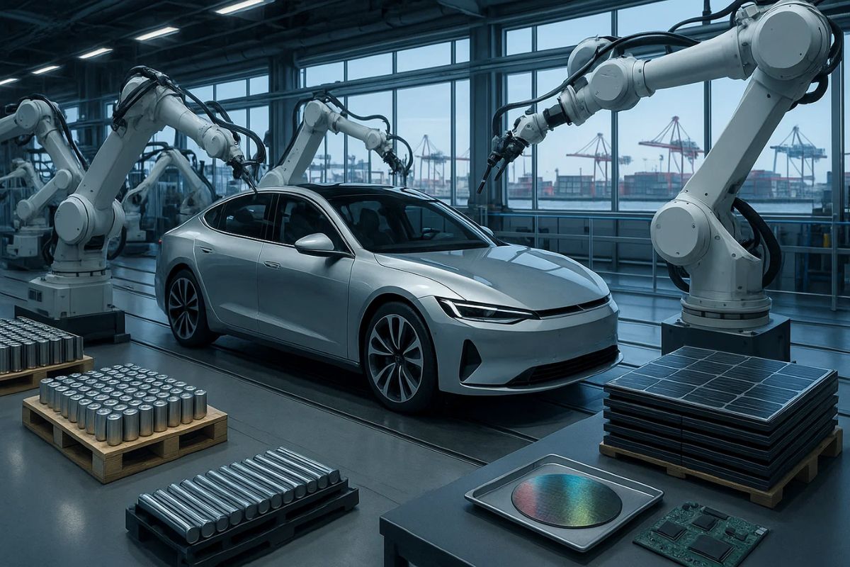 Fábrica de uma montadora com um carro exemplificando a excelência e mudança do "Made in China"