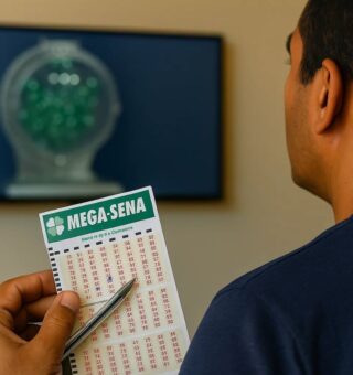 Um rapaz acompanha o sorteio com o bilhete da mega-sena na mão