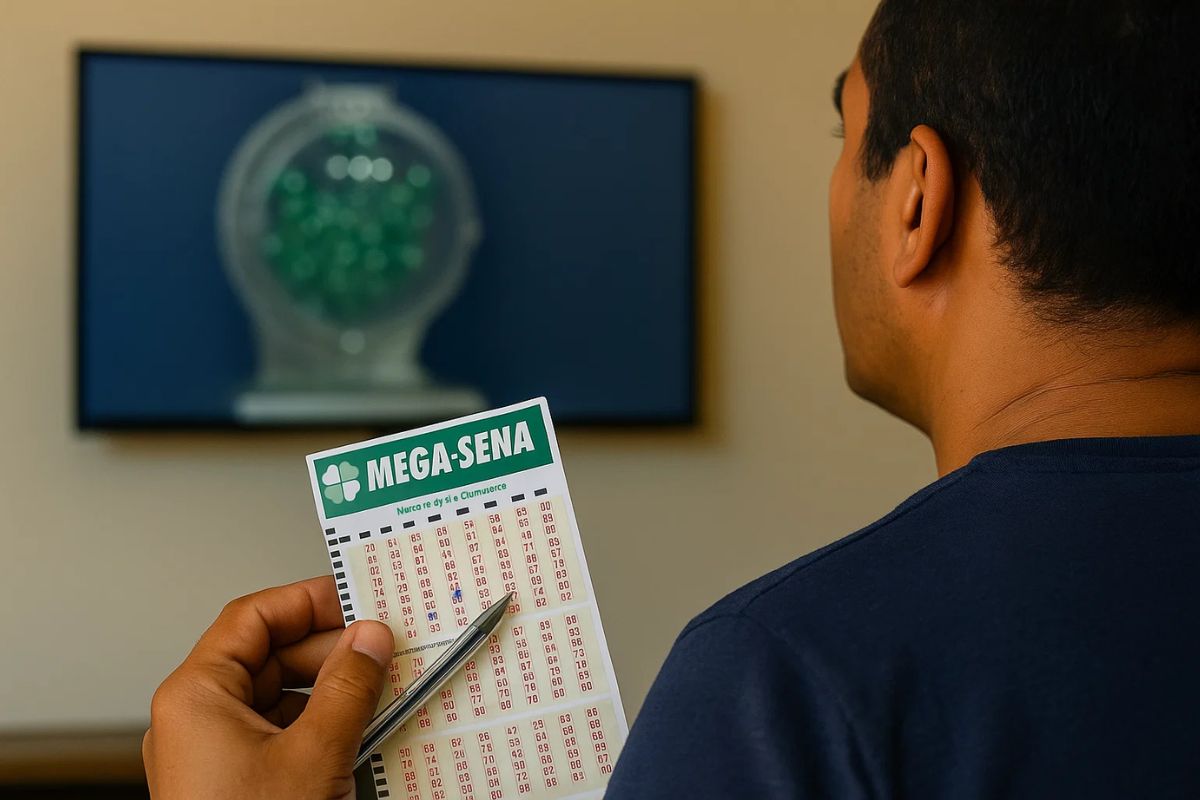 Um rapaz acompanha o sorteio com o bilhete da mega-sena na mão