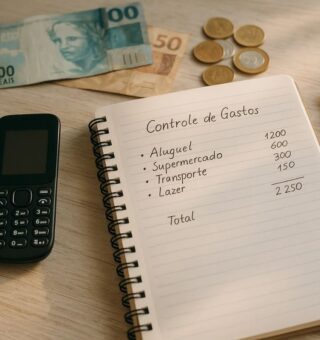 Uma pessoa com itens para Organizar suas finanças. Um celular, caderno, caneta e notas aparecem na mesa