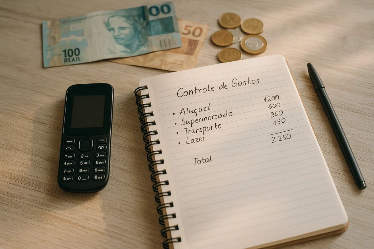 Uma pessoa com itens para Organizar suas finanças. Um celular, caderno, caneta e notas aparecem na mesa