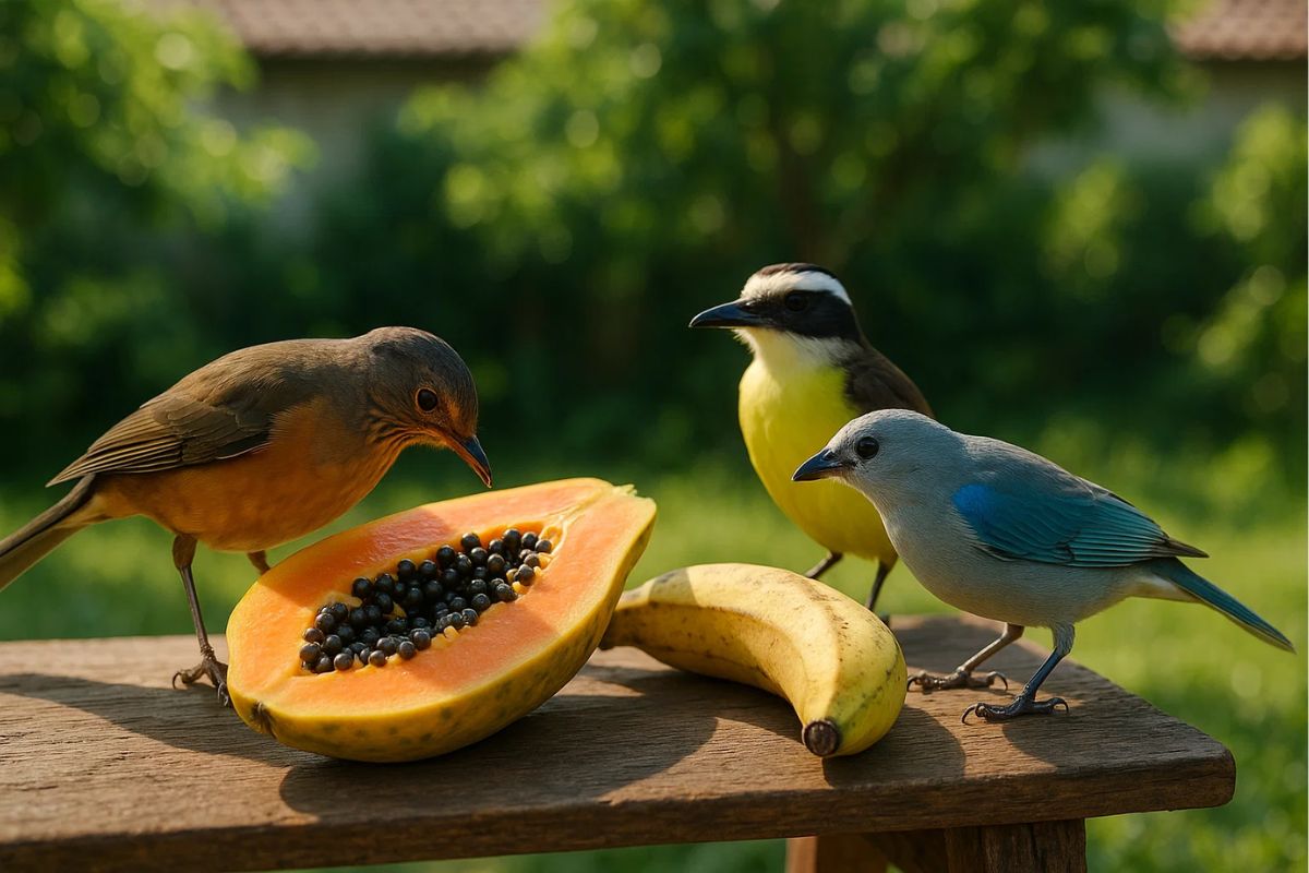 Pássaros no quintal comendo duas frutas