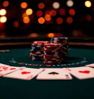 uma mesa de Poker com cartas e fichas