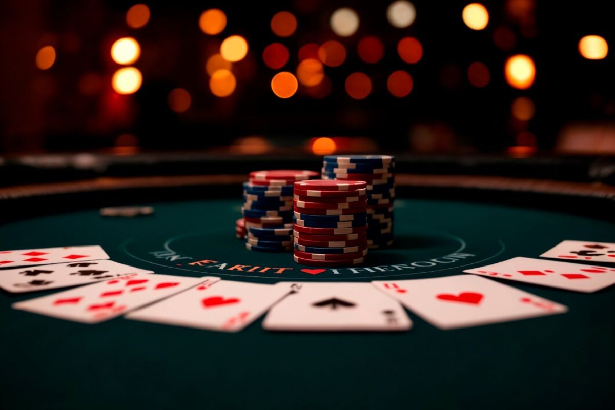 uma mesa de Poker com cartas e fichas