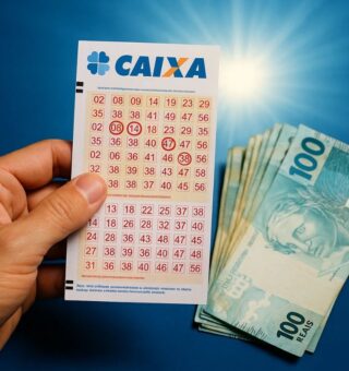 Imagem de uma pessoa com o bilhete da Quina na mão e ao lado, notas de R$ 100,00