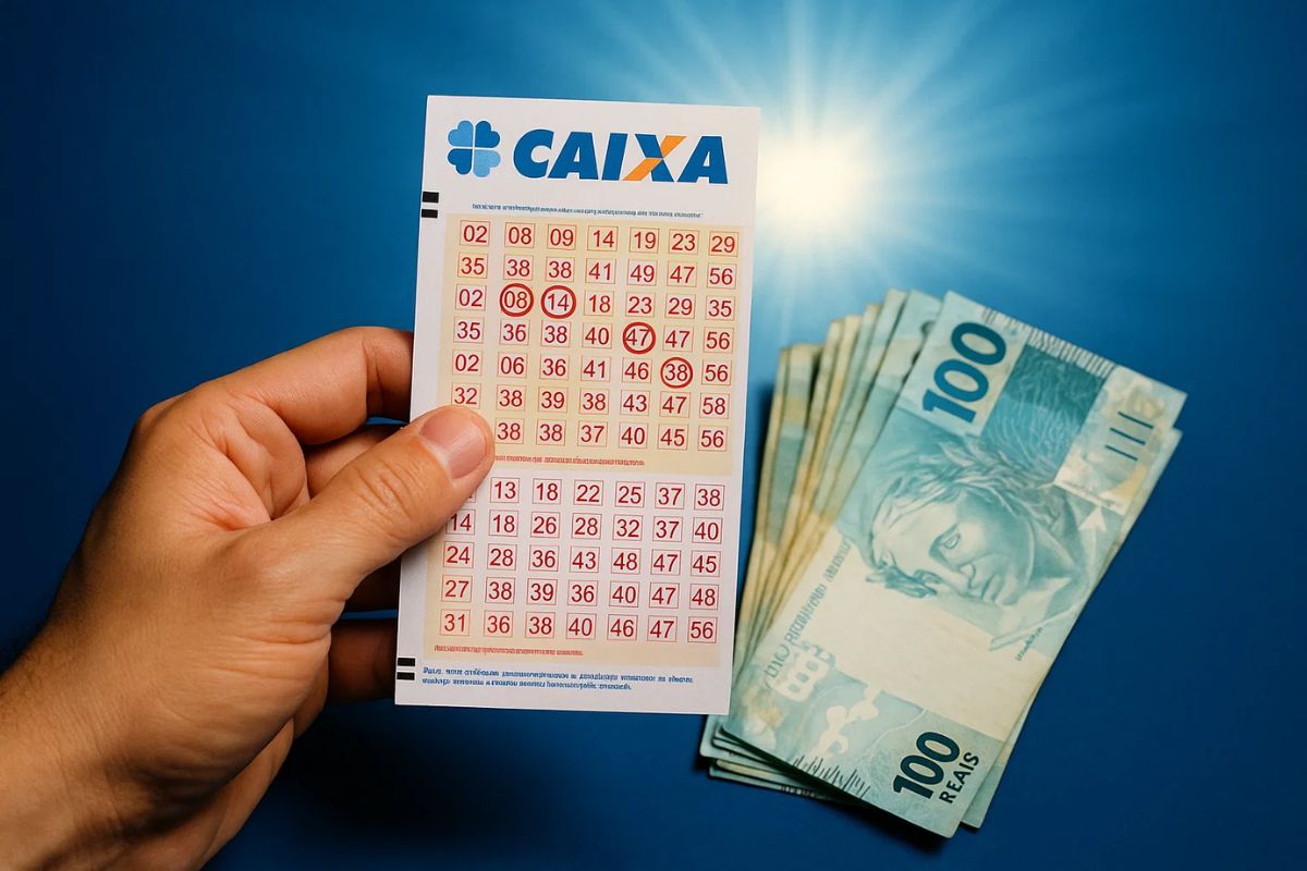 Imagem de uma pessoa com o bilhete da Quina na mão e ao lado, notas de R$ 100,00