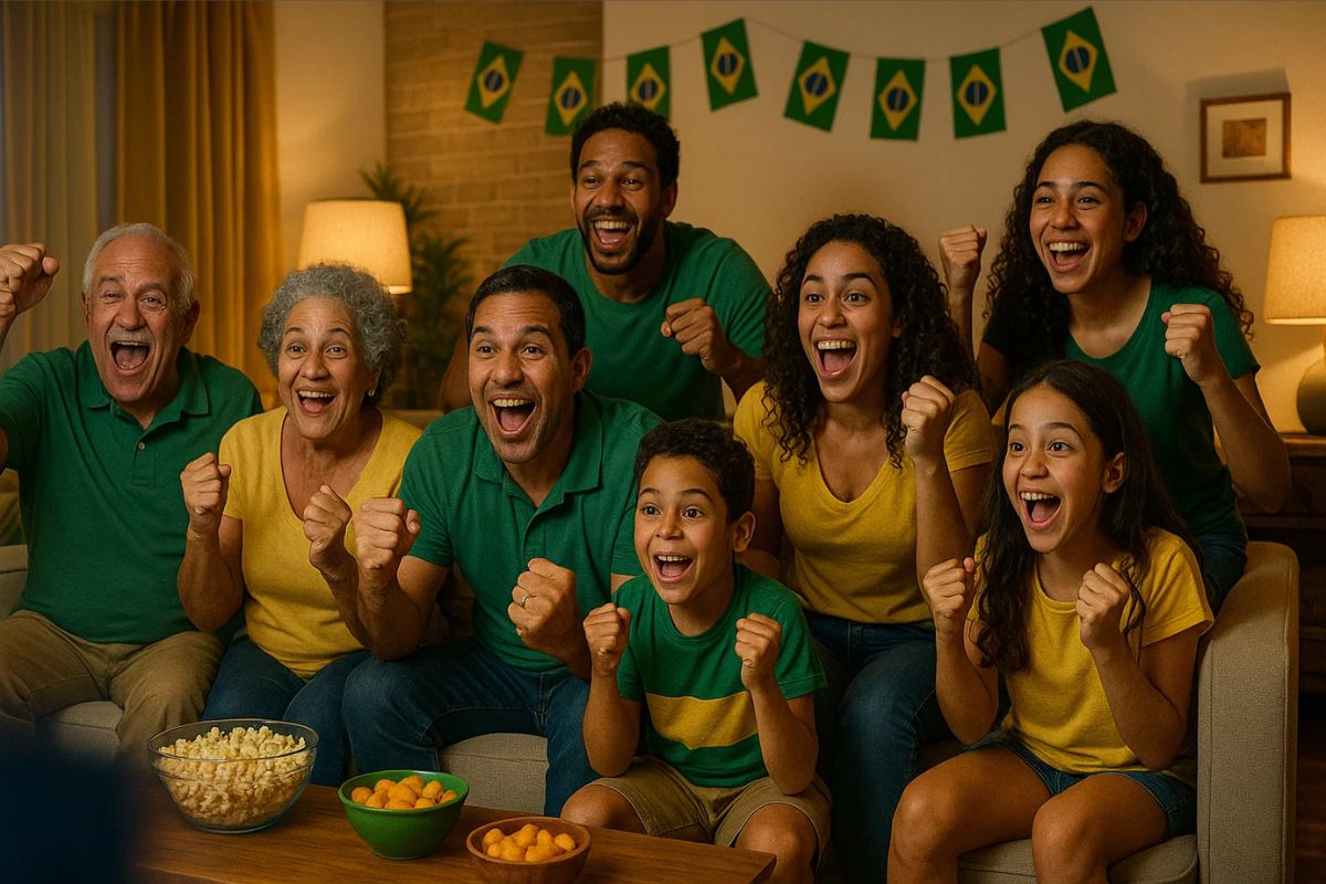 Uma família torcendo para a Seleção brasileira