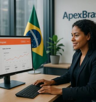 Uma empreendedora em frente ao computador fazendo o curso fruto da parceria entre Shopee e Apex