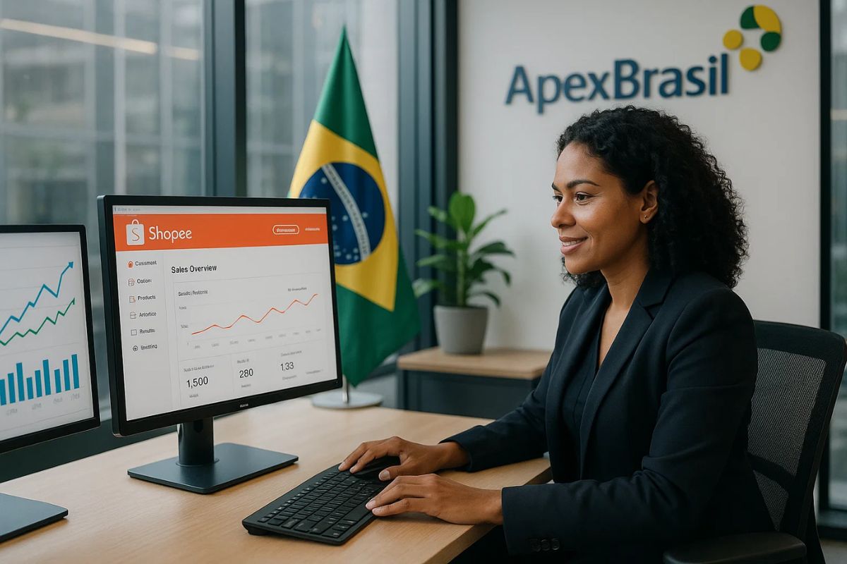 Uma empreendedora em frente ao computador fazendo o curso fruto da parceria entre Shopee e Apex