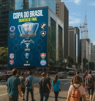Sorteio Copa do Brasil exibido em um telão no centro da cidade