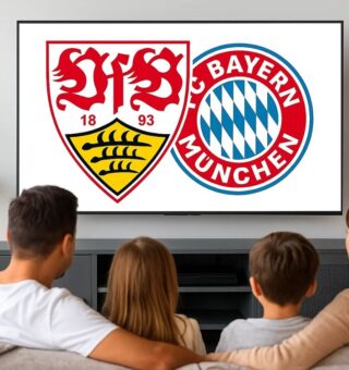 Um pai, sua filha, filho e esposa assistem ao Stuttgart x Bayern na Tv da sala