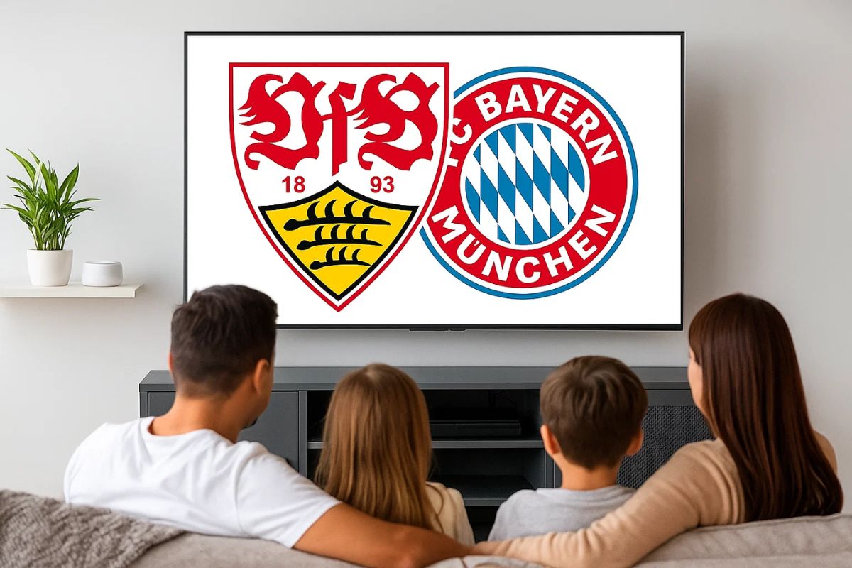 Um pai, sua filha, filho e esposa assistem ao Stuttgart x Bayern na Tv da sala