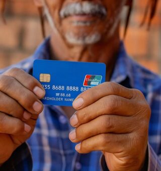 Um senhor segurando um cartão da UnionPay