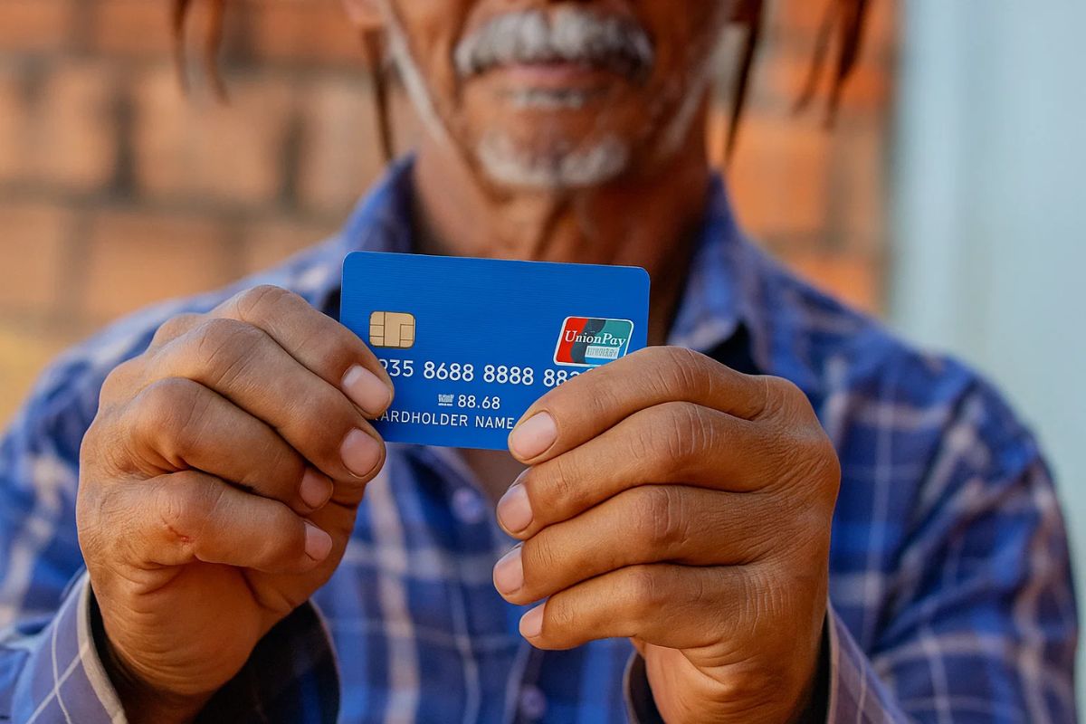 Um senhor segurando um cartão da UnionPay