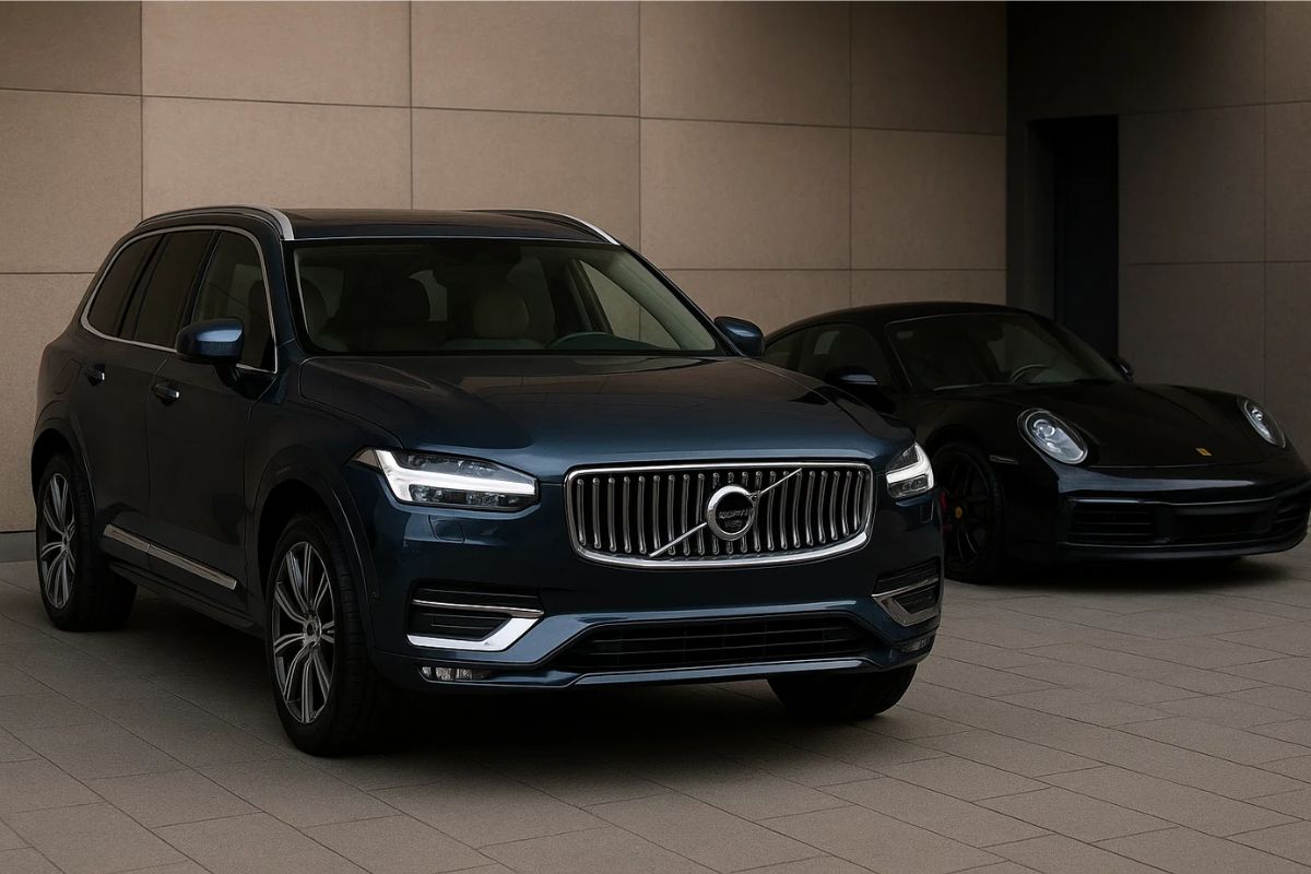 Um carro Volvo em frente a uma Porsche