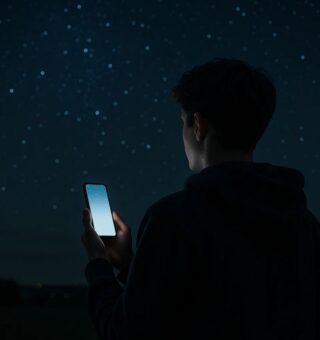 Um rapaz em uma noite estralada usa um aplicativo no celular que não é o WhatsApp