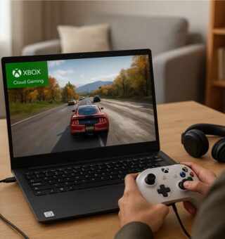 Um rapaz jogando por meio do Xbox Cloud Game em seu notebook com o controle na mão