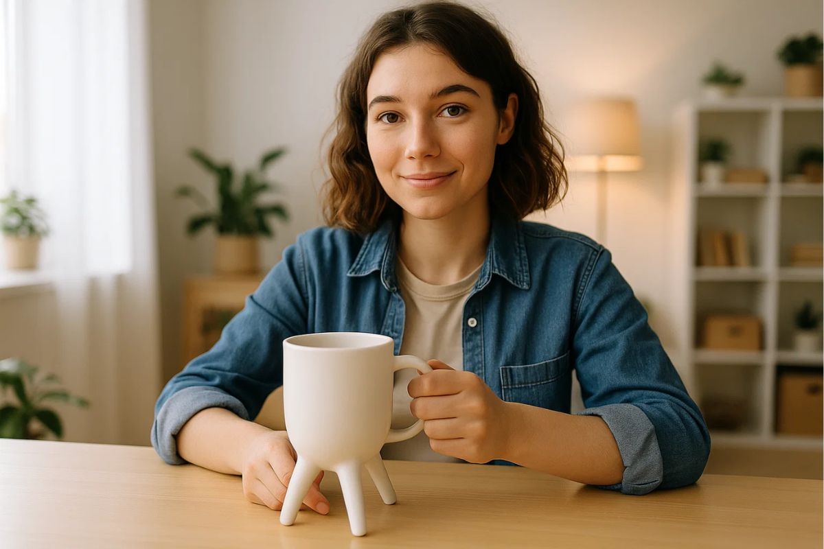 A jovem segura sua caneca para ajudar avô com Parkinson