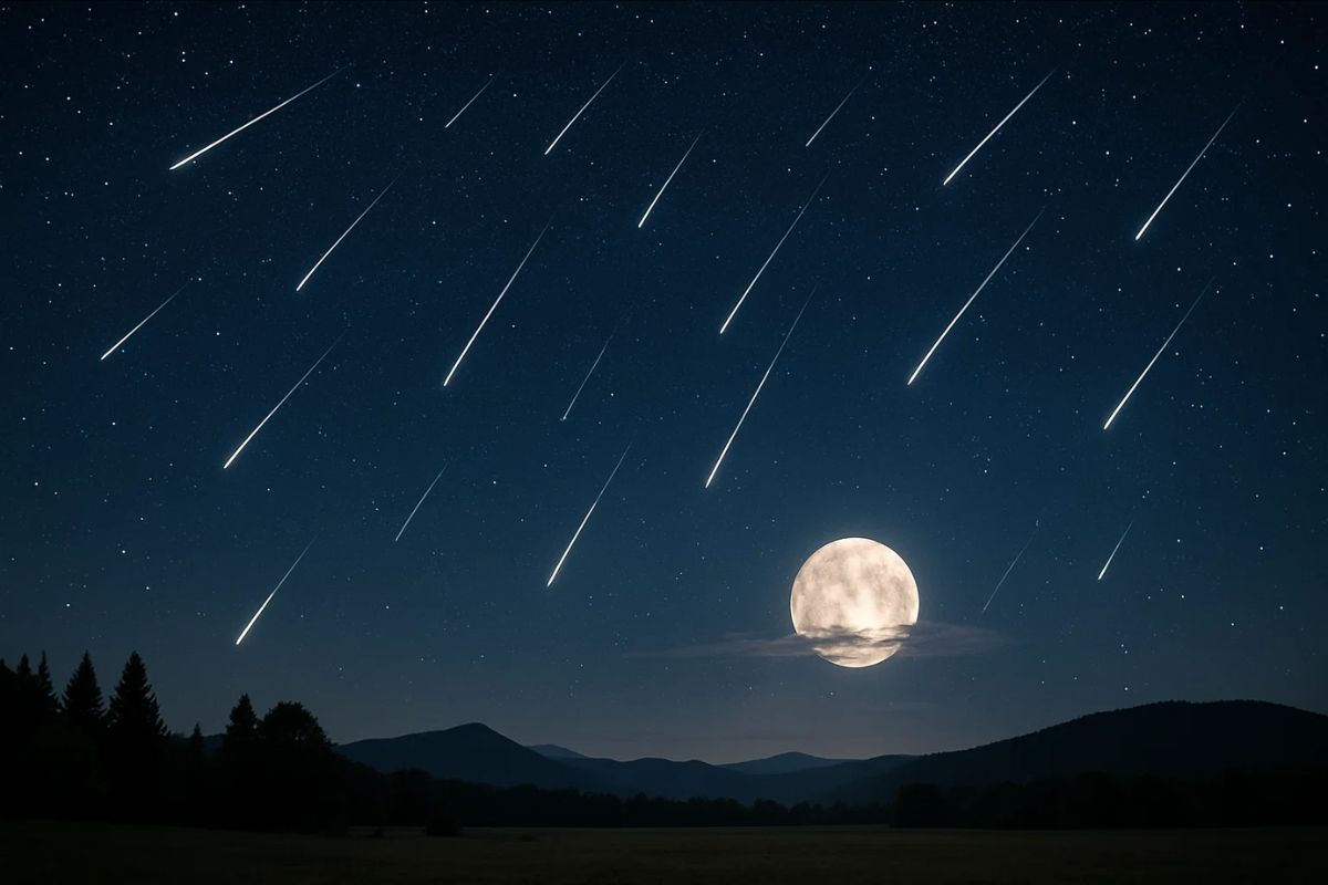 Imagem de um céu noturno durante a chuva de meteoros