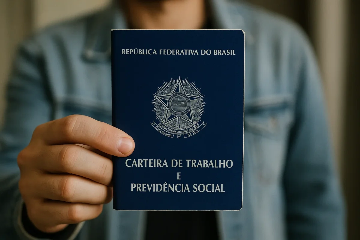 Um jovem com carteira de trabalho após conseguir o seu primeiro emprego