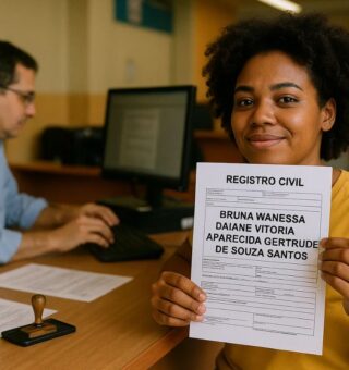 Uma mulher segura o documento com o maior nome brasileiro escrito nele