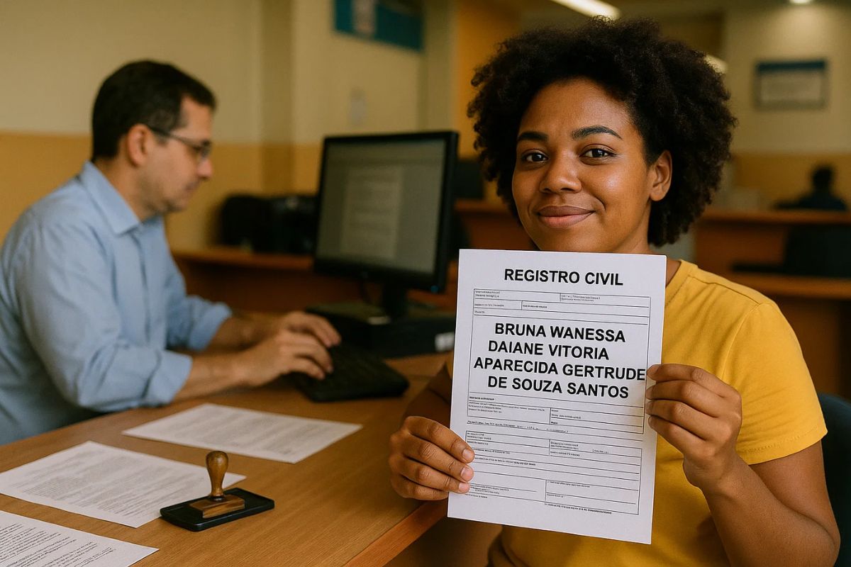 Uma mulher segura o documento com o maior nome brasileiro escrito nele