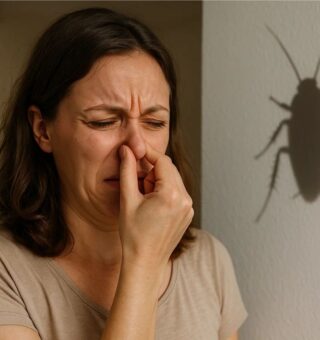 uma mulher coloca a mão no nariz ao sentir o odor da barata que está na parede