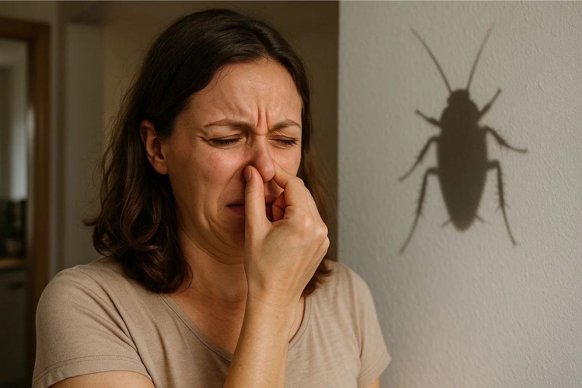 uma mulher coloca a mão no nariz ao sentir o odor da barata que está na parede