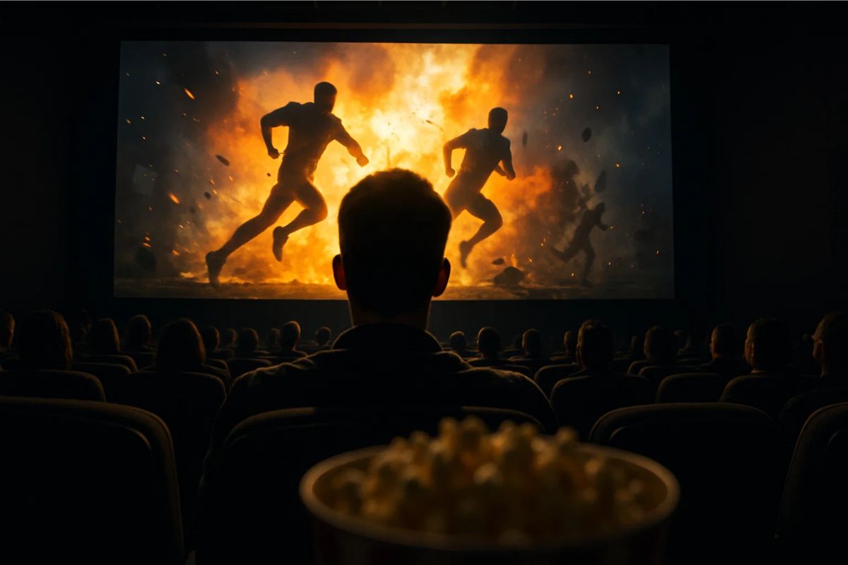 Uma pessoa assistindo um filme de ação na semana do Cinema
