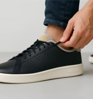 Uma pessoa ajustando o tênis da Adidas no pé