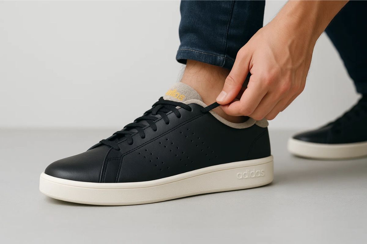 Uma pessoa ajustando o tênis da Adidas no pé