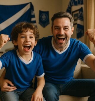 Uma criança que torce para o time do pai. Ambos usam um uniforme azul enquanto assistem ao jogo