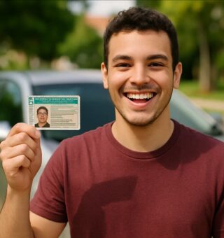 Um jovem segura seu documento sorrindo depois de tirar CNH