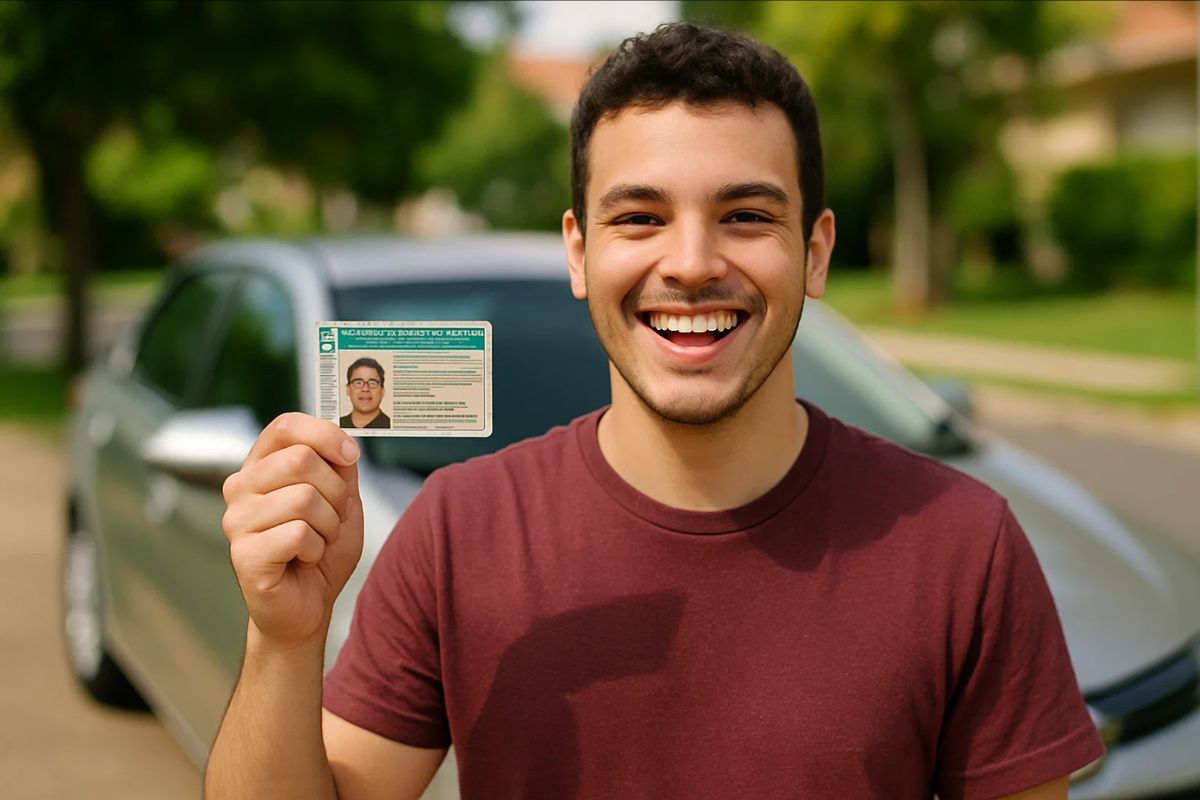 Um jovem segura seu documento sorrindo depois de tirar CNH