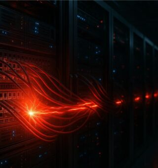 Imagem de um computador com cabos representando o Ataques DDoS