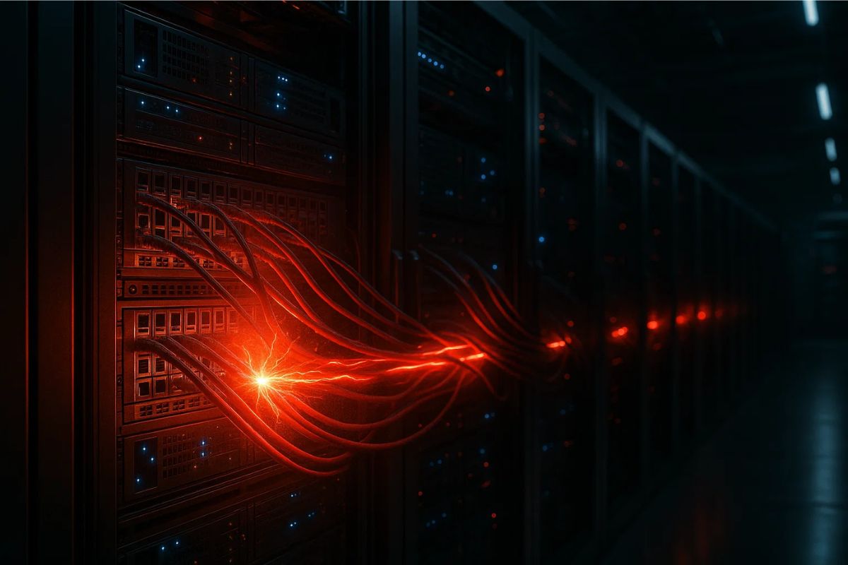 Imagem de um computador com cabos representando o Ataques DDoS