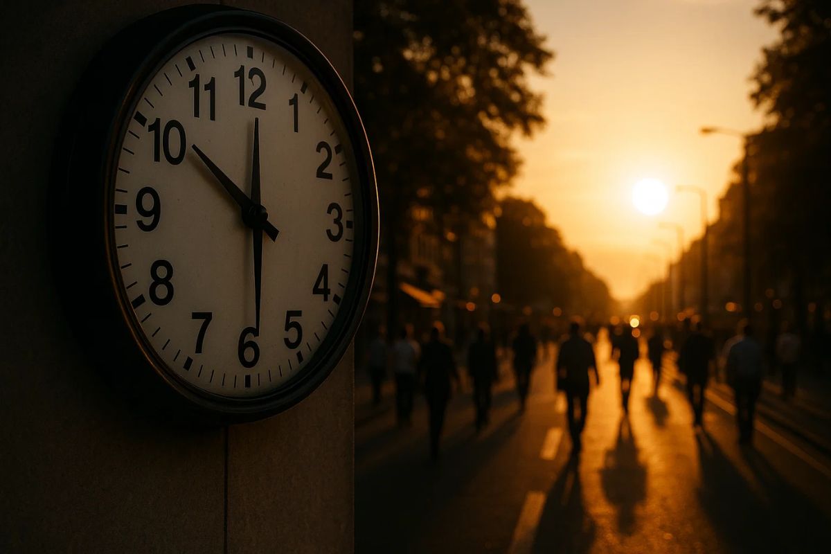 Imagem de uma manhã iluminada pelo sol. Um relógio dá a entender que estamos no horário de verão 2025