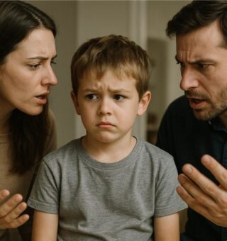 Uma criança no centro de sua mãe e pai representando uma Alienação parental