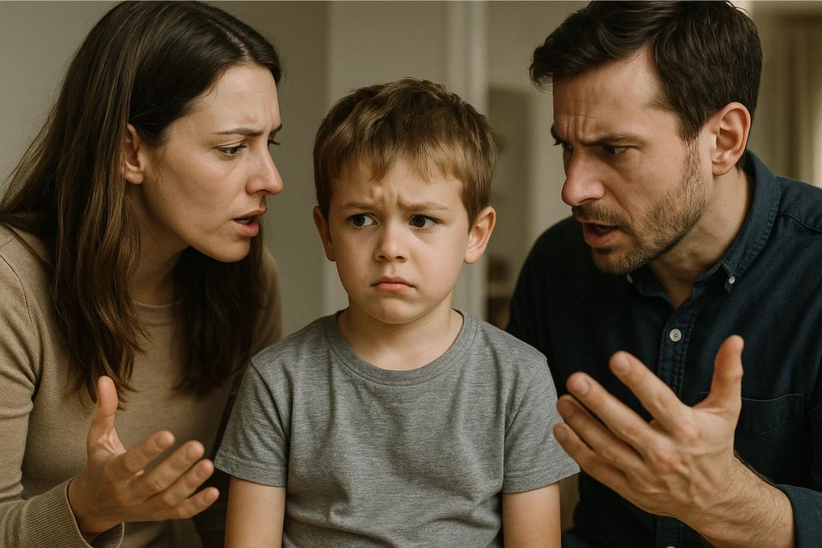 Uma criança no centro de sua mãe e pai representando uma Alienação parental
