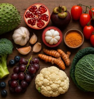 Uma mesa com 11 Alimentos Anticâncer