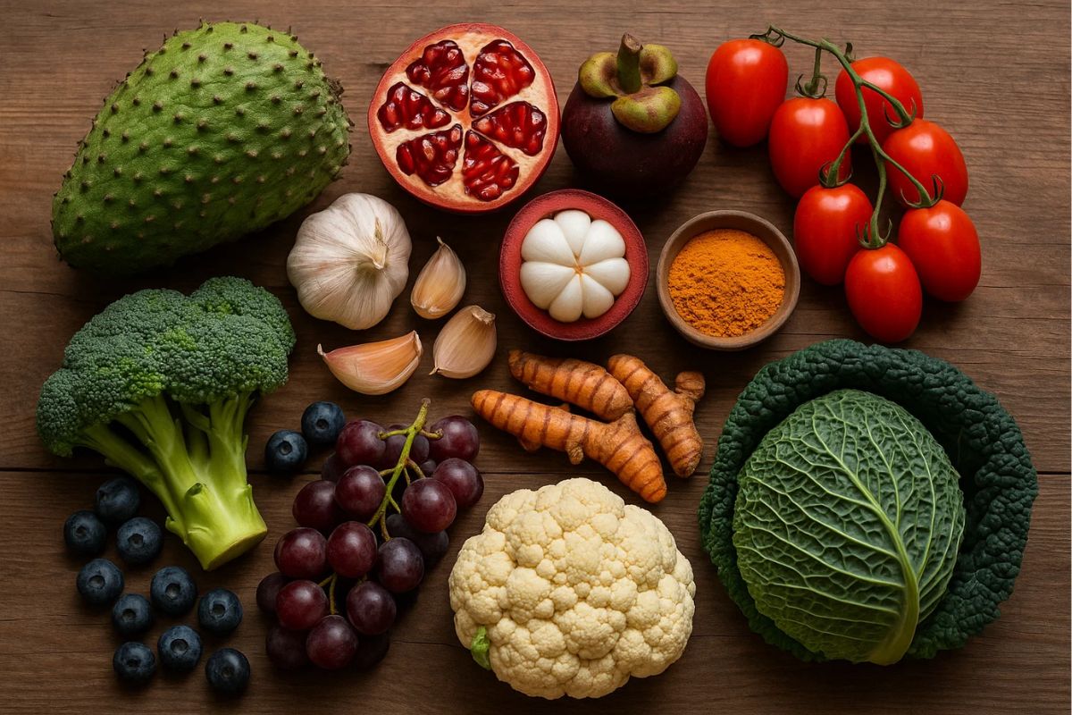 Uma mesa com 11 Alimentos Anticâncer