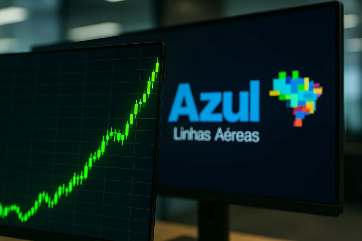 Imagem de uma tela com gráfico mostrando as ações da Azul subindo