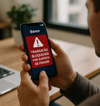 Um rapaz vendo a mensagem de bloqueio do Banco Central em seu smartphone