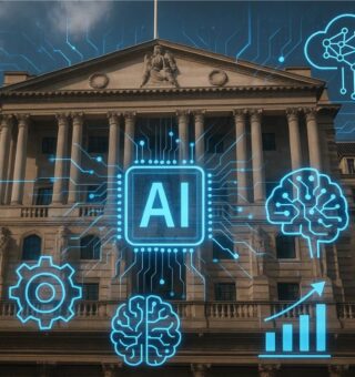 Bank of England e sobre a imagem é possível ver elementos que representam a IA, tecnologia e conectividade