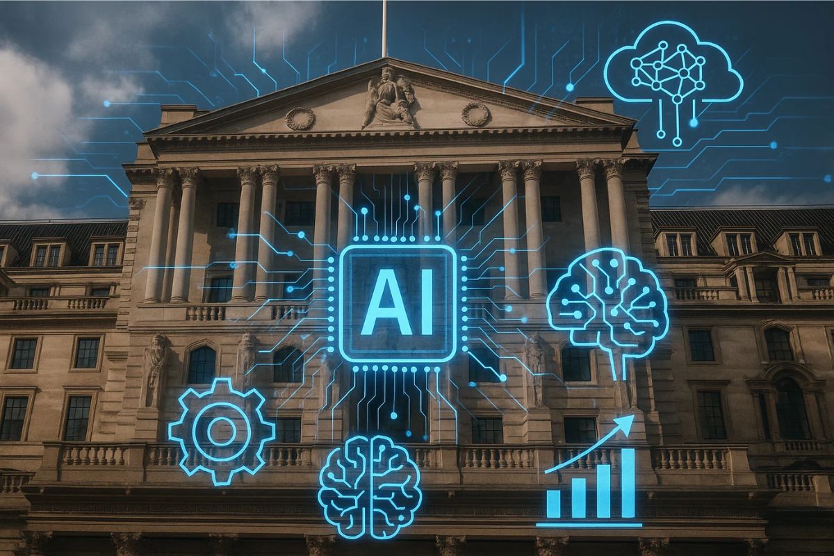 Bank of England e sobre a imagem é possível ver elementos que representam a IA, tecnologia e conectividade