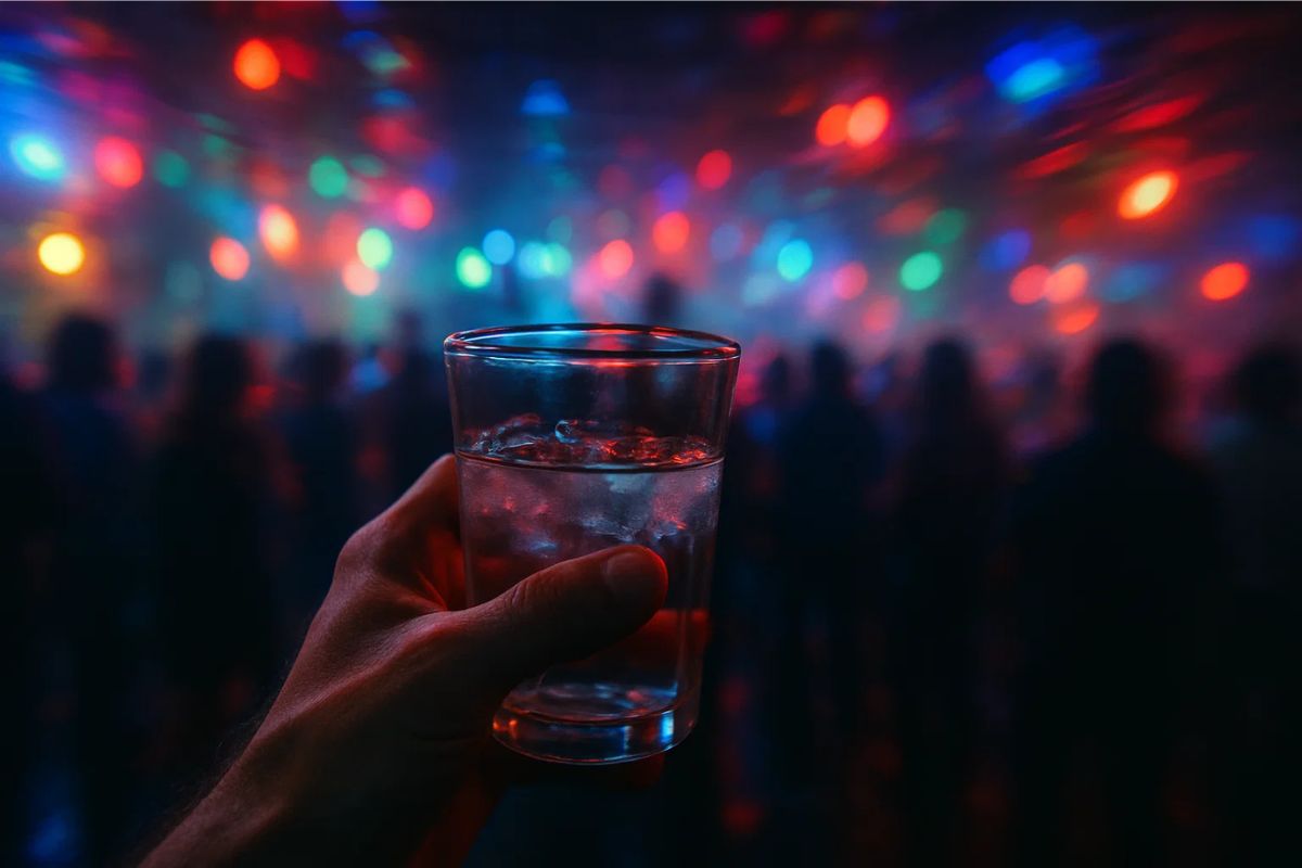 Imagem de uma pessoa com um copo na mão vendo tudo embaçado após consumir uma Bebida com metanol