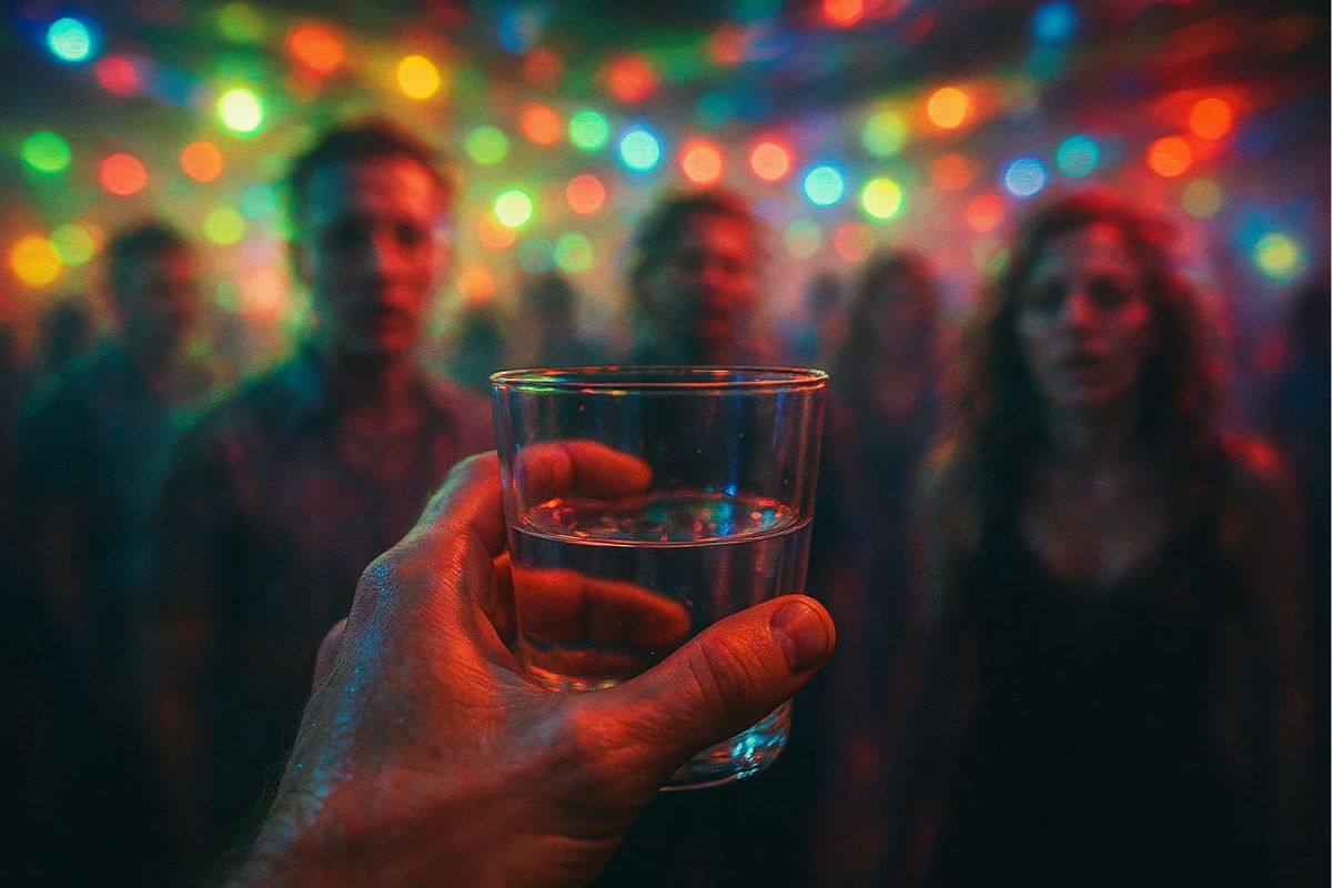 Imagem de uma pessoa com um copo na mão vendo tudo embaçado após consumir uma Bebida com metanol