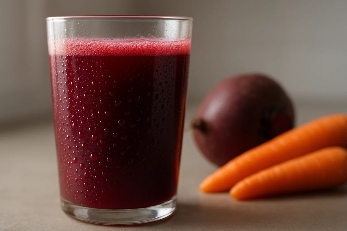 Imagem de um copo com suco de Beterraba e Cenoura