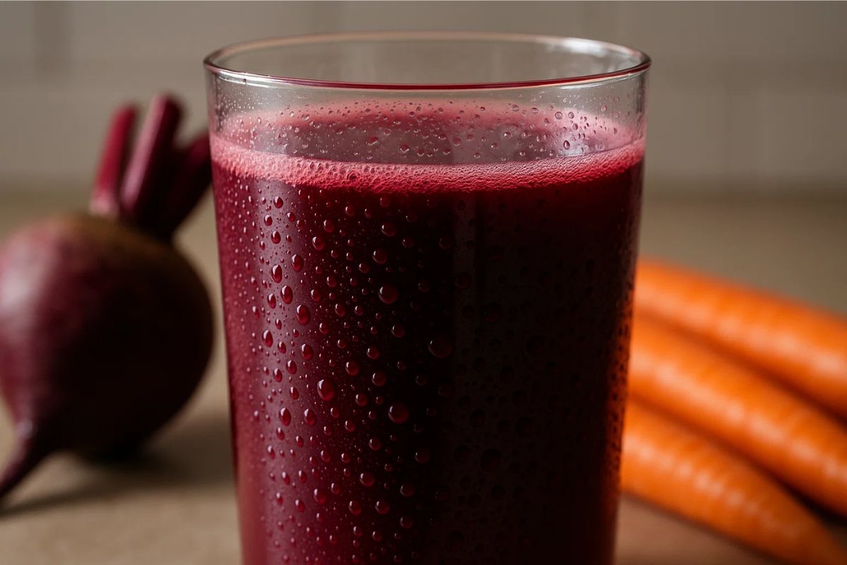 Imagem de um copo com suco de Beterraba e Cenoura
